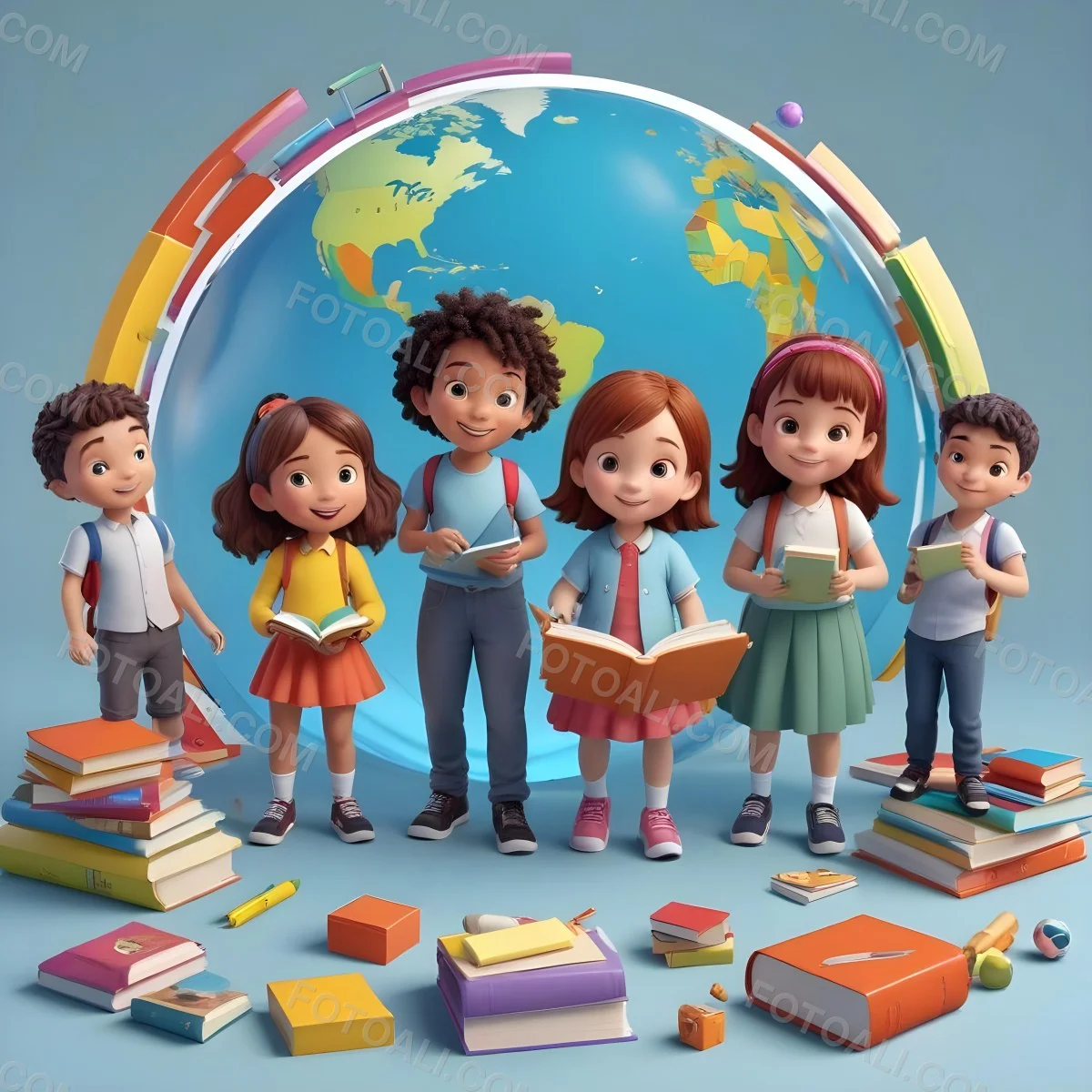 Digital Painting A Colorful Border Featuring Six Children Engaged In Various Creative Activities The Children Include Three Boys And Three Girls With Diverse Hairstyles And Clothing They Are Surrounded By School Rela 1 3367