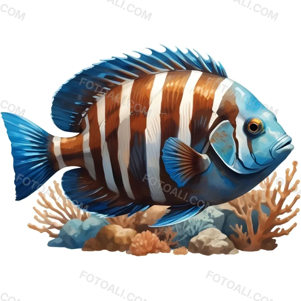 Digital Painting A Colorful Fish With Brown And White Stripes Blue Fins And Tail Surrounded By Coral And Rocks In A Blue Background Bold And Slim Lines Brush Strokes 30 80c7