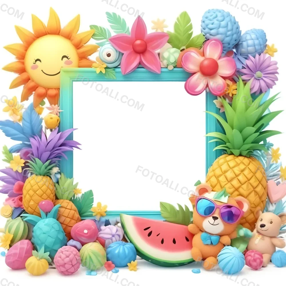 Digital Painting A Colorful Frame Decorated With A Smiling Sun Flowers A Pineapple A Teddy Bear And Various Summer Themed Items Like Watermelons Ice Cream And Candies The Center Of The Frame Is Empty Ready For Te 11 0ebf