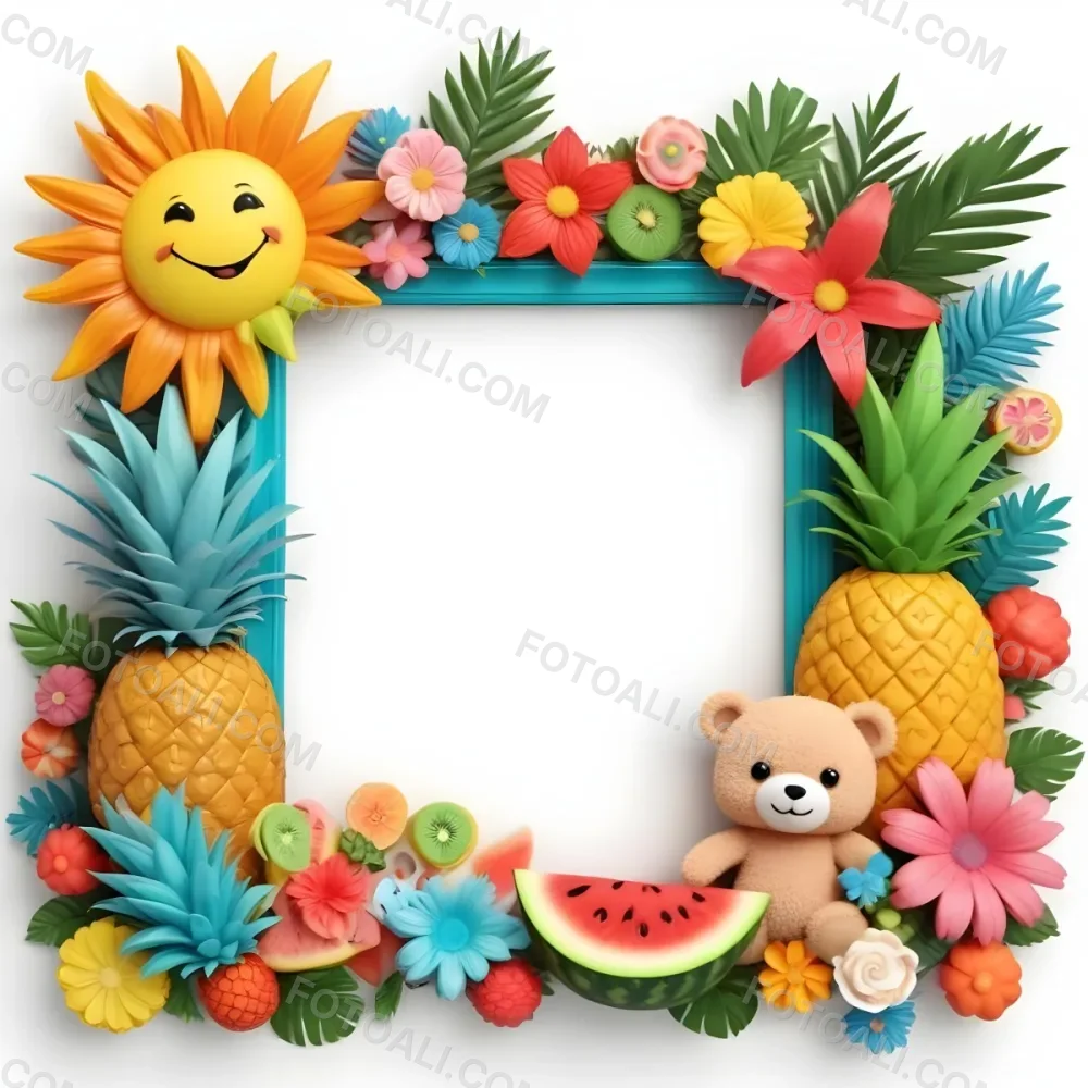 Digital Painting A Colorful Frame Decorated With A Smiling Sun Flowers A Pineapple A Teddy Bear And Various Summer Themed Items Like Watermelons Ice Cream And Candies The Center Of The Frame Is Empty Ready For Te 24 5dc2