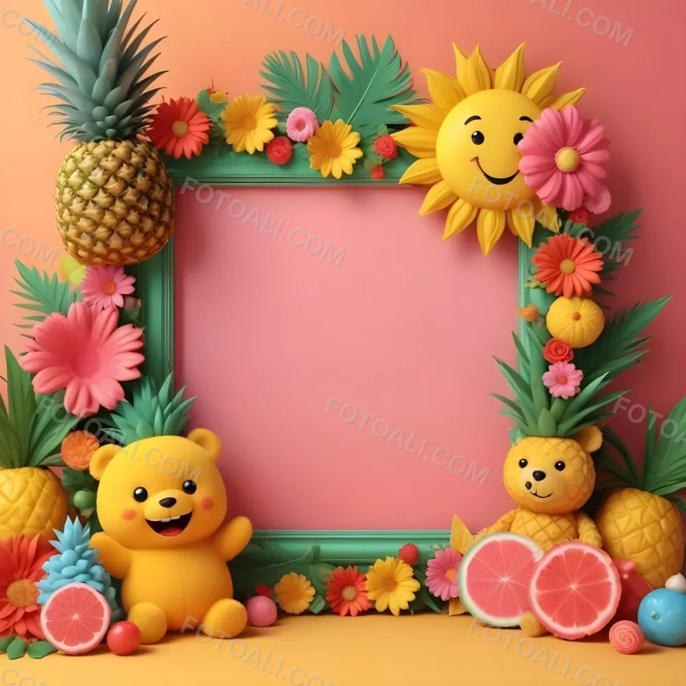 Digital Painting A Colorful Frame Decorated With A Smiling Sun Flowers A Pineapple A Teddy Bear And Various Summer Themed Items Like Watermelons Ice Cream And Candies The Center Of The Frame Is Empty Ready For Te 30 1756