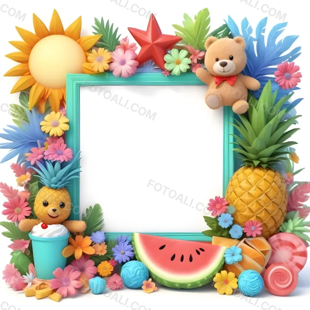 Digital Painting A Colorful Frame Decorated With A Smiling Sun Flowers A Pineapple A Teddy Bear And Various Summer Themed Items Like Watermelons Ice Cream And Candies The Center Of The Frame Is Empty Ready For Te 35 7690
