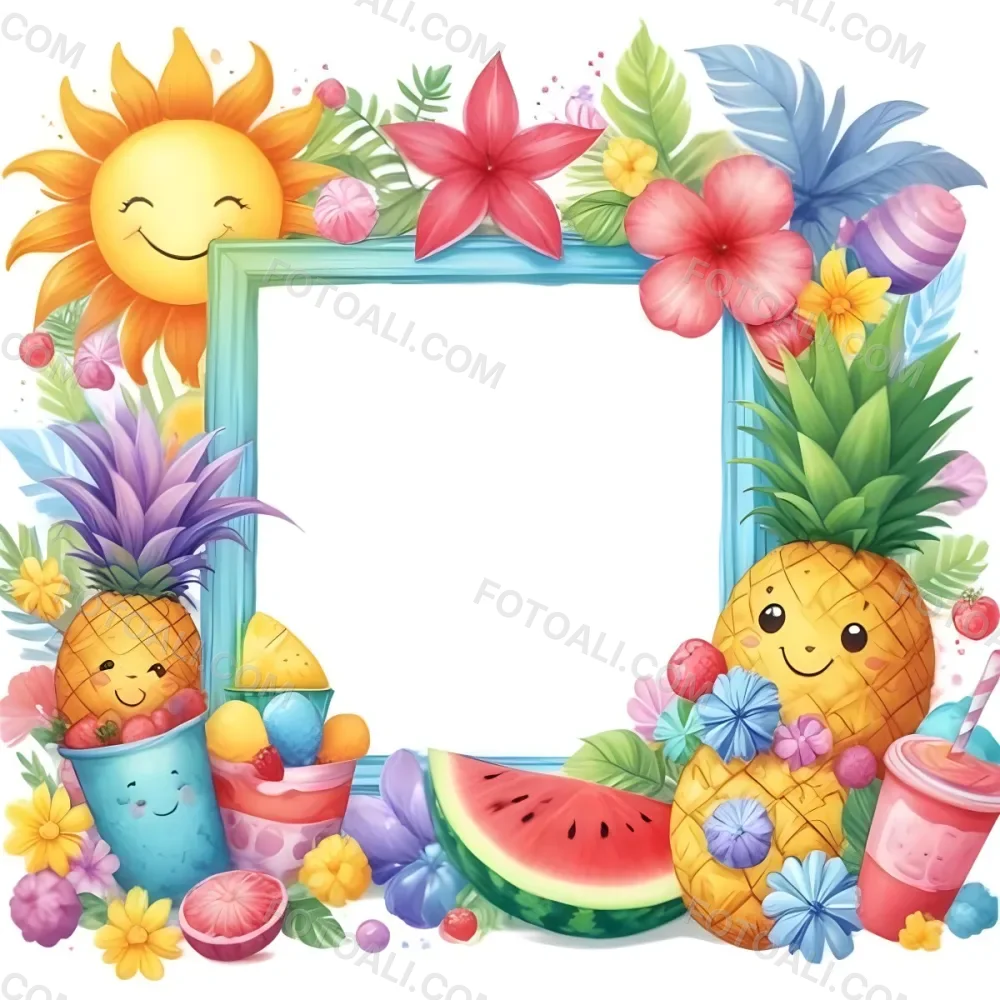 Digital Painting A Colorful Frame Decorated With A Smiling Sun Flowers A Pineapple A Teddy Bear And Various Summer Themed Items Like Watermelons Ice Cream And Candies The Center Of The Frame Is Empty Ready For Te 40 E0a3