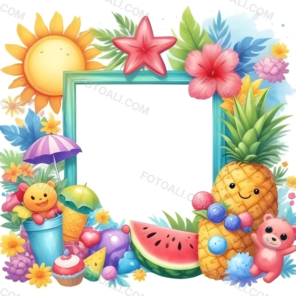 Digital Painting A Colorful Frame Decorated With A Smiling Sun Flowers A Pineapple A Teddy Bear And Various Summer Themed Items Like Watermelons Ice Cream And Candies The Center Of The Frame Is Empty Ready For Te 42 F63a