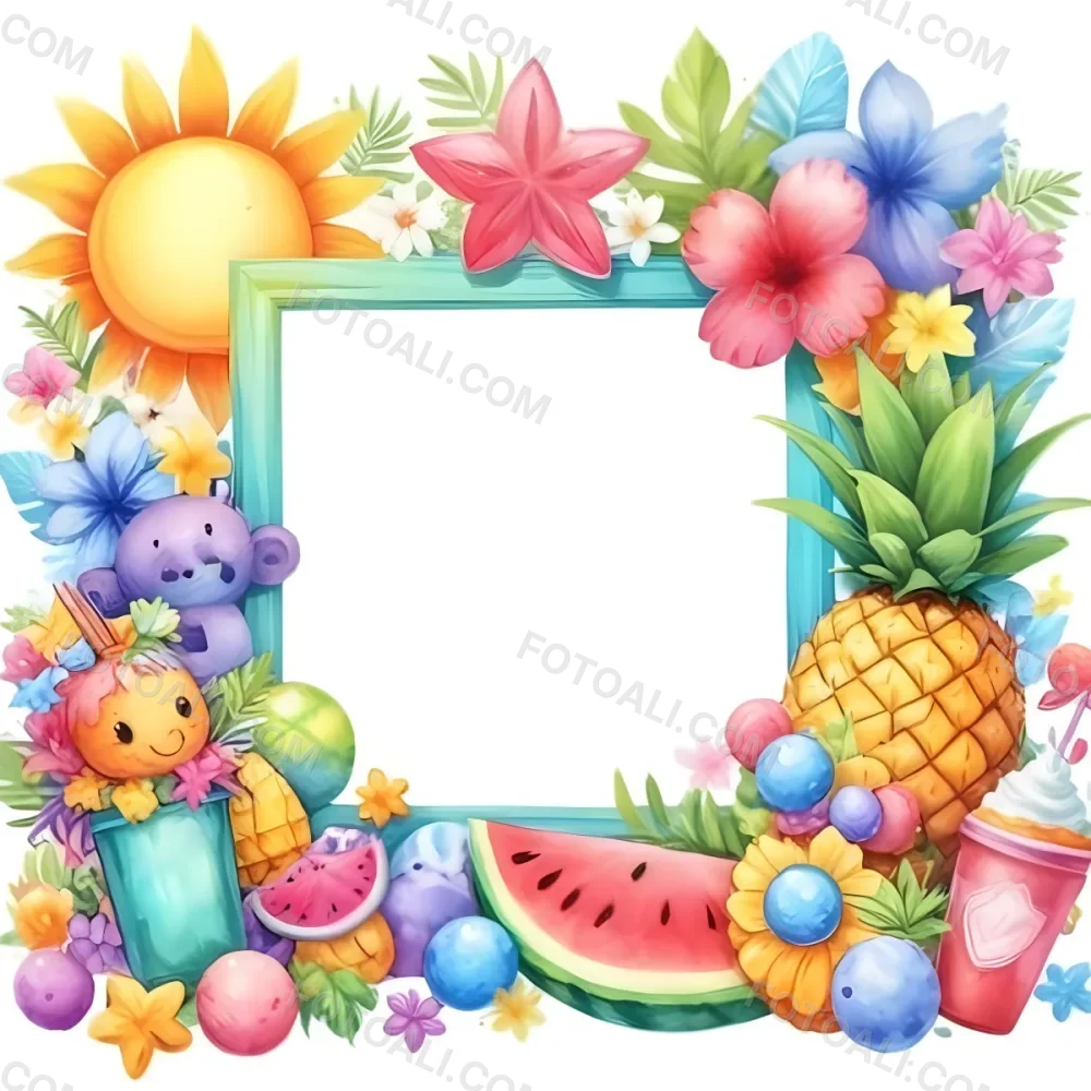 Digital Painting A Colorful Frame Decorated With A Smiling Sun Flowers A Pineapple A Teddy Bear And Various Summer Themed Items Like Watermelons Ice Cream And Candies The Center Of The Frame Is Empty Ready For Te 43 895e