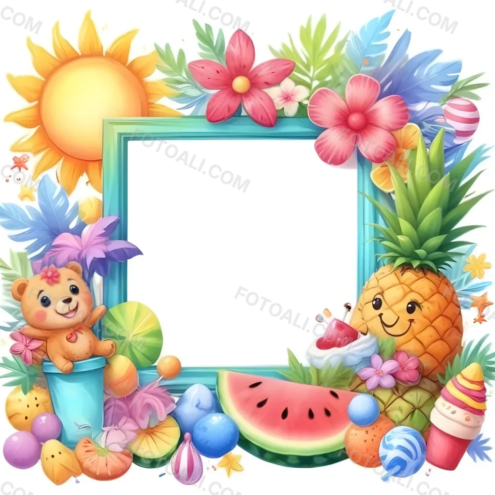 Digital Painting A Colorful Frame Decorated With A Smiling Sun Flowers A Pineapple A Teddy Bear And Various Summer Themed Items Like Watermelons Ice Cream And Candies The Center Of The Frame Is Empty Ready For Te 45 2d6b