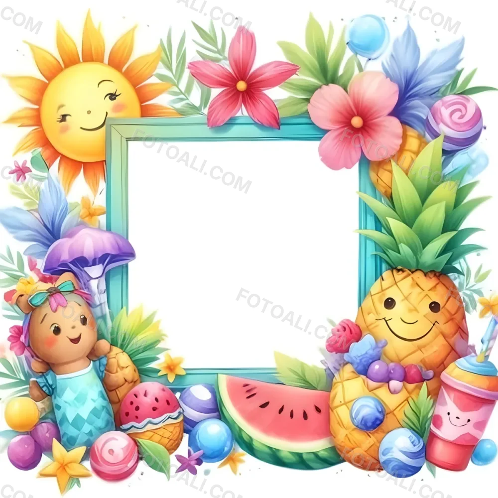 Digital Painting A Colorful Frame Decorated With A Smiling Sun Flowers A Pineapple A Teddy Bear And Various Summer Themed Items Like Watermelons Ice Cream And Candies The Center Of The Frame Is Empty Ready For Te 47 1ab0