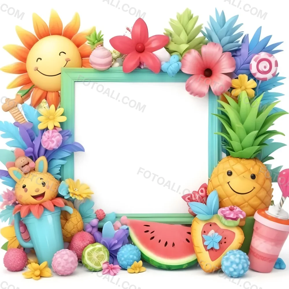 Digital Painting A Colorful Frame Decorated With A Smiling Sun Flowers A Pineapple A Teddy Bear And Various Summer Themed Items Like Watermelons Ice Cream And Candies The Center Of The Frame Is Empty Ready For Te 5 C30a