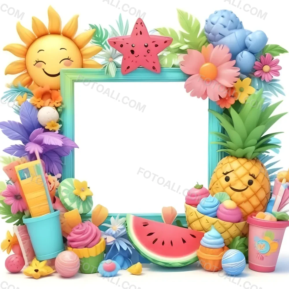 Digital Painting A Colorful Frame Decorated With A Smiling Sun Flowers A Pineapple A Teddy Bear And Various Summer Themed Items Like Watermelons Ice Cream And Candies The Center Of The Frame Is Empty Ready For Te 6 1f17