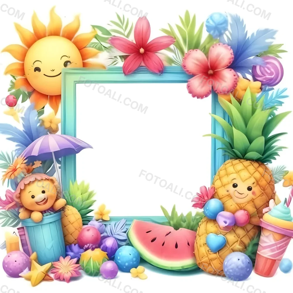 Digital Painting A Colorful Frame Decorated With A Smiling Sun Flowers A Pineapple A Teddy Bear And Various Summer Themed Items Like Watermelons Ice Cream And Candies The Center Of The Frame Is Empty Ready For Te 7 3945