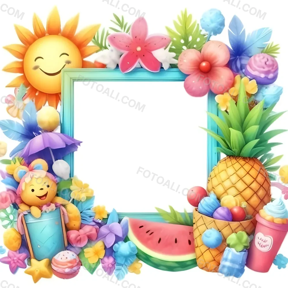 Digital Painting A Colorful Frame Decorated With A Smiling Sun Flowers A Pineapple A Teddy Bear And Various Summer Themed Items Like Watermelons Ice Cream And Candies The Center Of The Frame Is Empty Ready For Te 8 E9e2