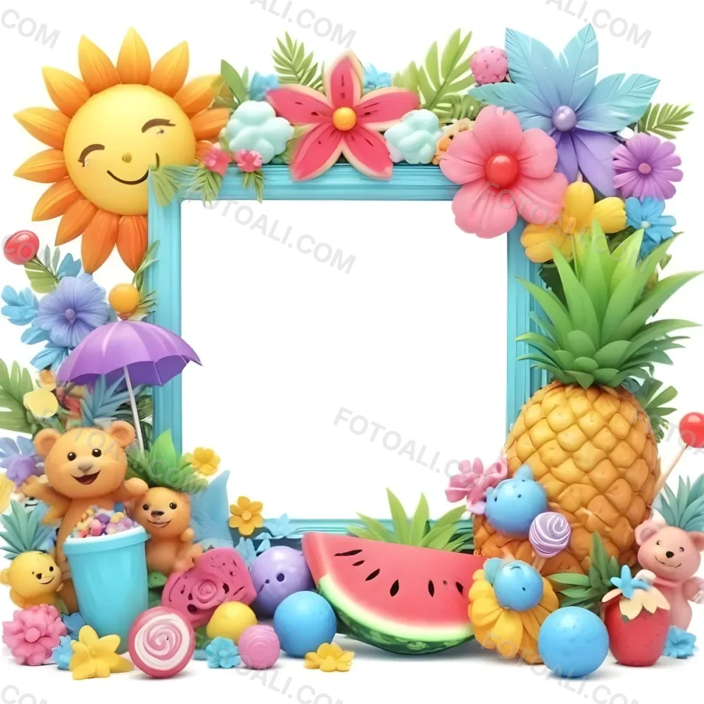 Digital Painting A Colorful Frame Decorated With A Smiling Sun Flowers A Pineapple A Teddy Bear And Various Summer Themed Items Like Watermelons Ice Cream And Candies The Center Of The Frame Is Empty Ready For Text 1 4590