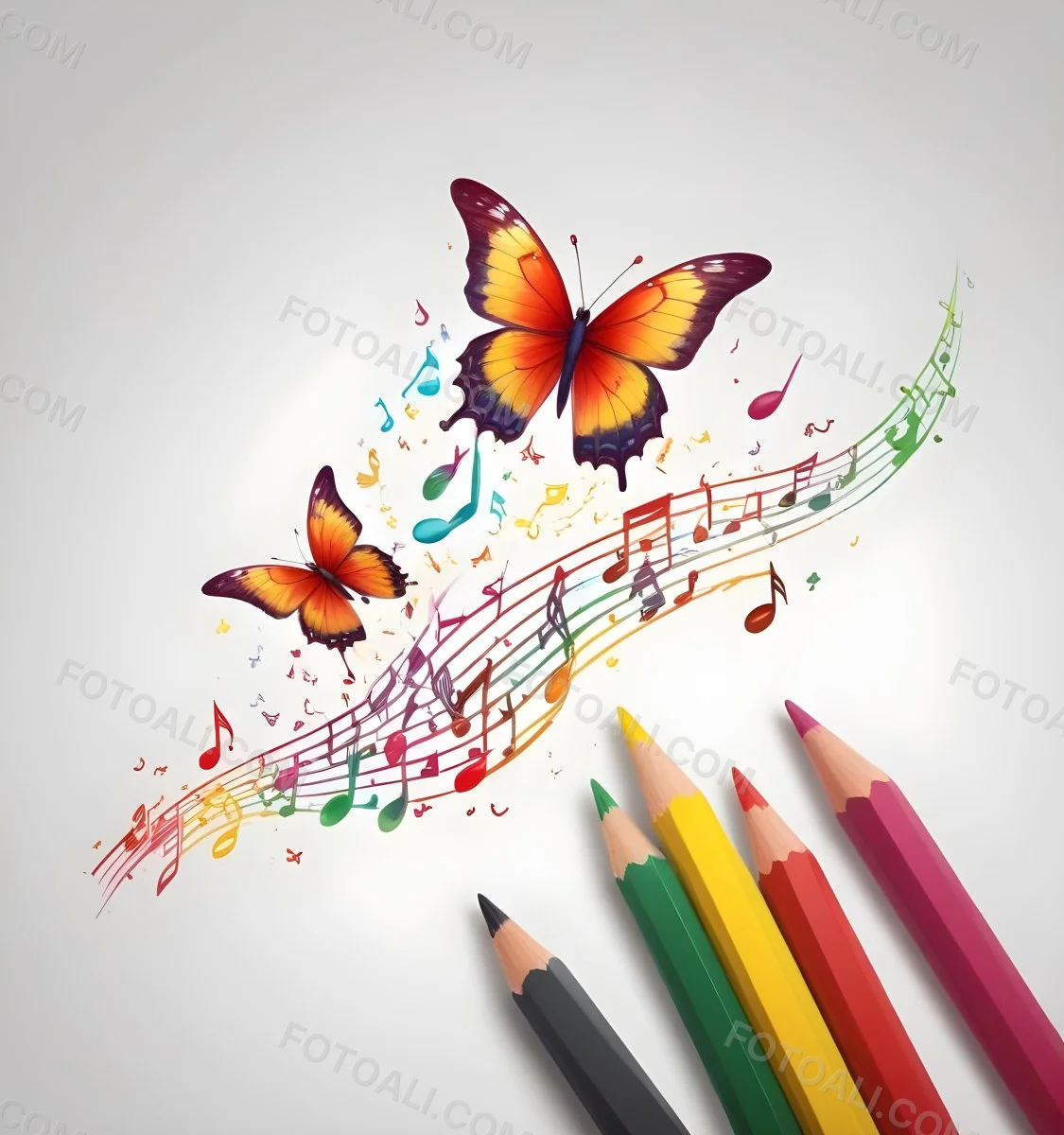 Digital Painting A Colorful Pencil With A Gradient Of Red Yellow And Green Emitting Butterflies In Various Colors And Musical Notes Set Against A White Background Bold And Slim Lines Brush Strokes 1 7a16