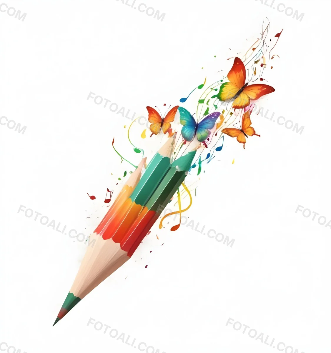 Digital Painting A Colorful Pencil With A Gradient Of Red Yellow And Green Emitting Butterflies In Various Colors And Musical Notes Set Against A White Background Bold And Slim Lines Brush Strokes 15 2a91