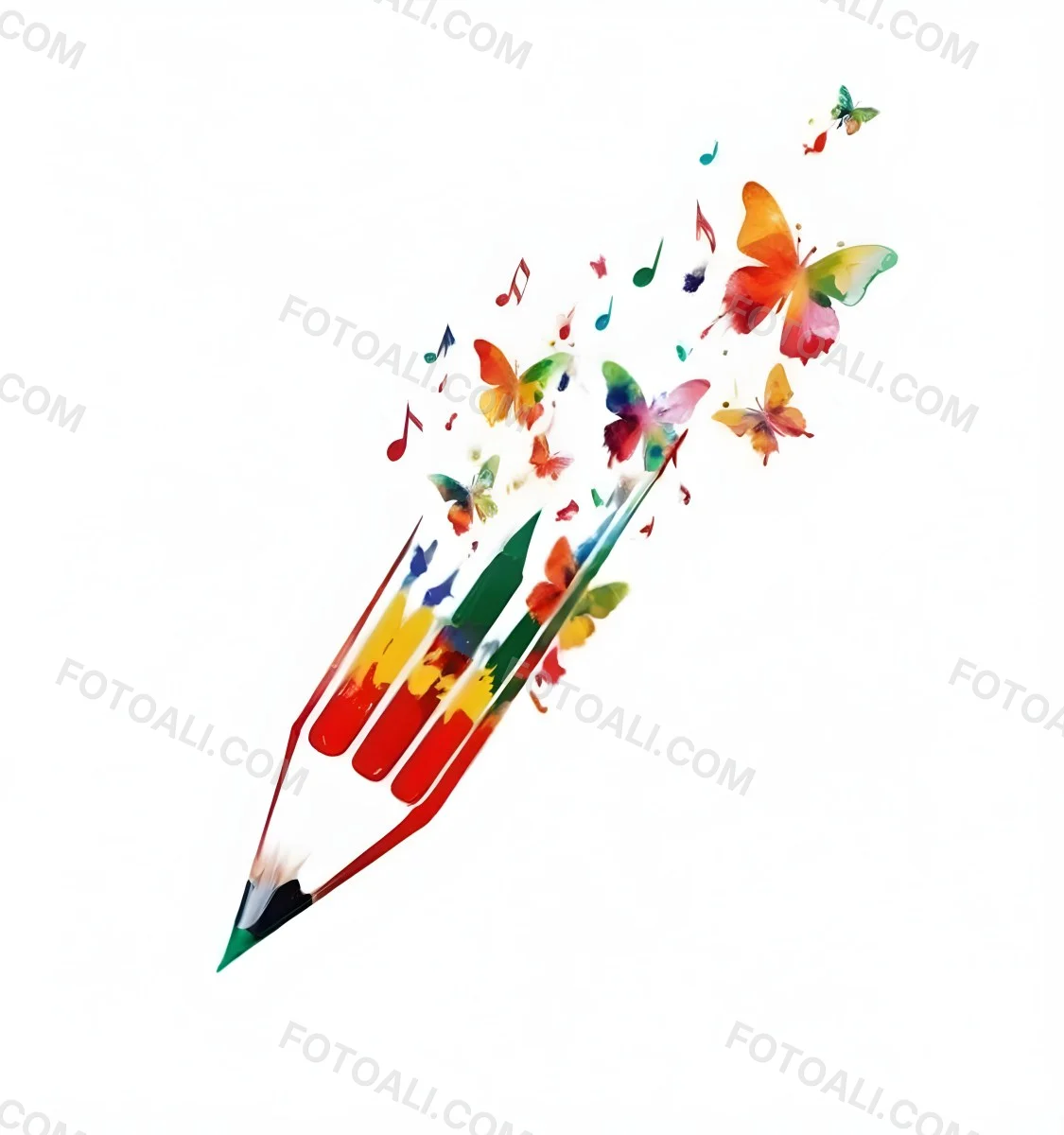 Digital Painting A Colorful Pencil With A Gradient Of Red Yellow And Green Emitting Butterflies In Various Colors And Musical Notes Set Against A White Background Bold And Slim Lines Brush Strokes 16 7413