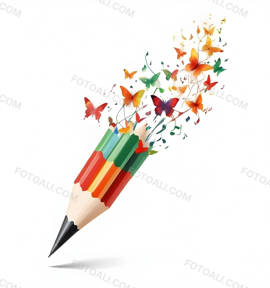 Digital Painting A Colorful Pencil With A Gradient Of Red Yellow And Green Emitting Butterflies In Various Colors And Musical Notes Set Against A White Background Bold And Slim Lines Brush Strokes 19 1c9a