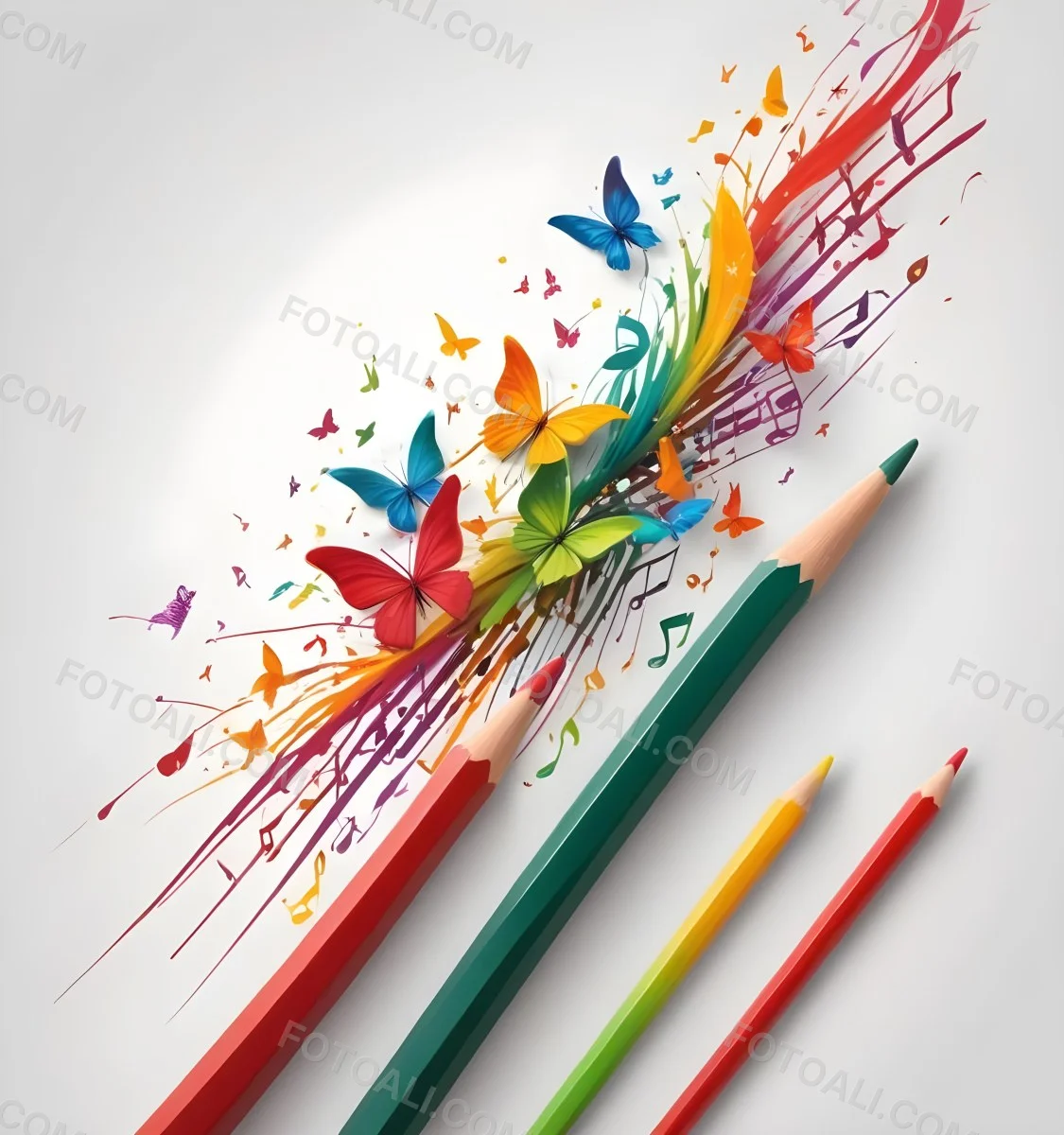 Digital Painting A Colorful Pencil With A Gradient Of Red Yellow And Green Emitting Butterflies In Various Colors And Musical Notes Set Against A White Background Bold And Slim Lines Brush Strokes 2 153e