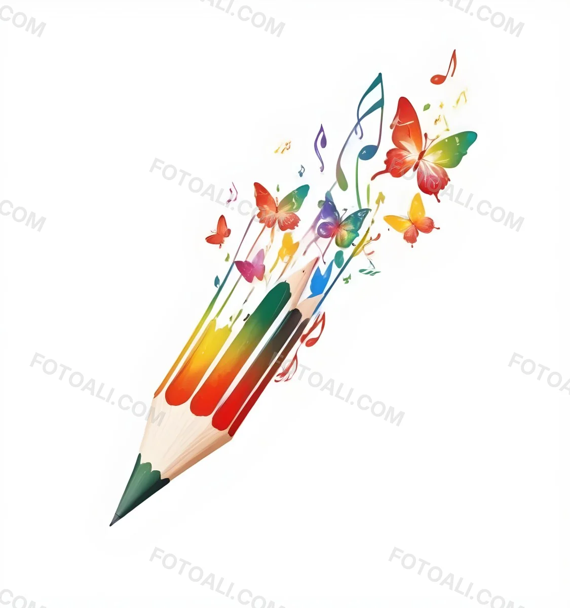 Digital Painting A Colorful Pencil With A Gradient Of Red Yellow And Green Emitting Butterflies In Various Colors And Musical Notes Set Against A White Background Bold And Slim Lines Brush Strokes 20 Eb12