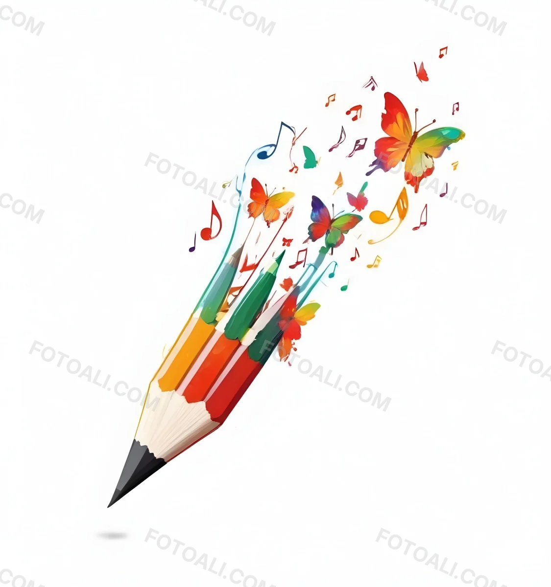 Digital Painting A Colorful Pencil With A Gradient Of Red Yellow And Green Emitting Butterflies In Various Colors And Musical Notes Set Against A White Background Bold And Slim Lines Brush Strokes 21 2d94