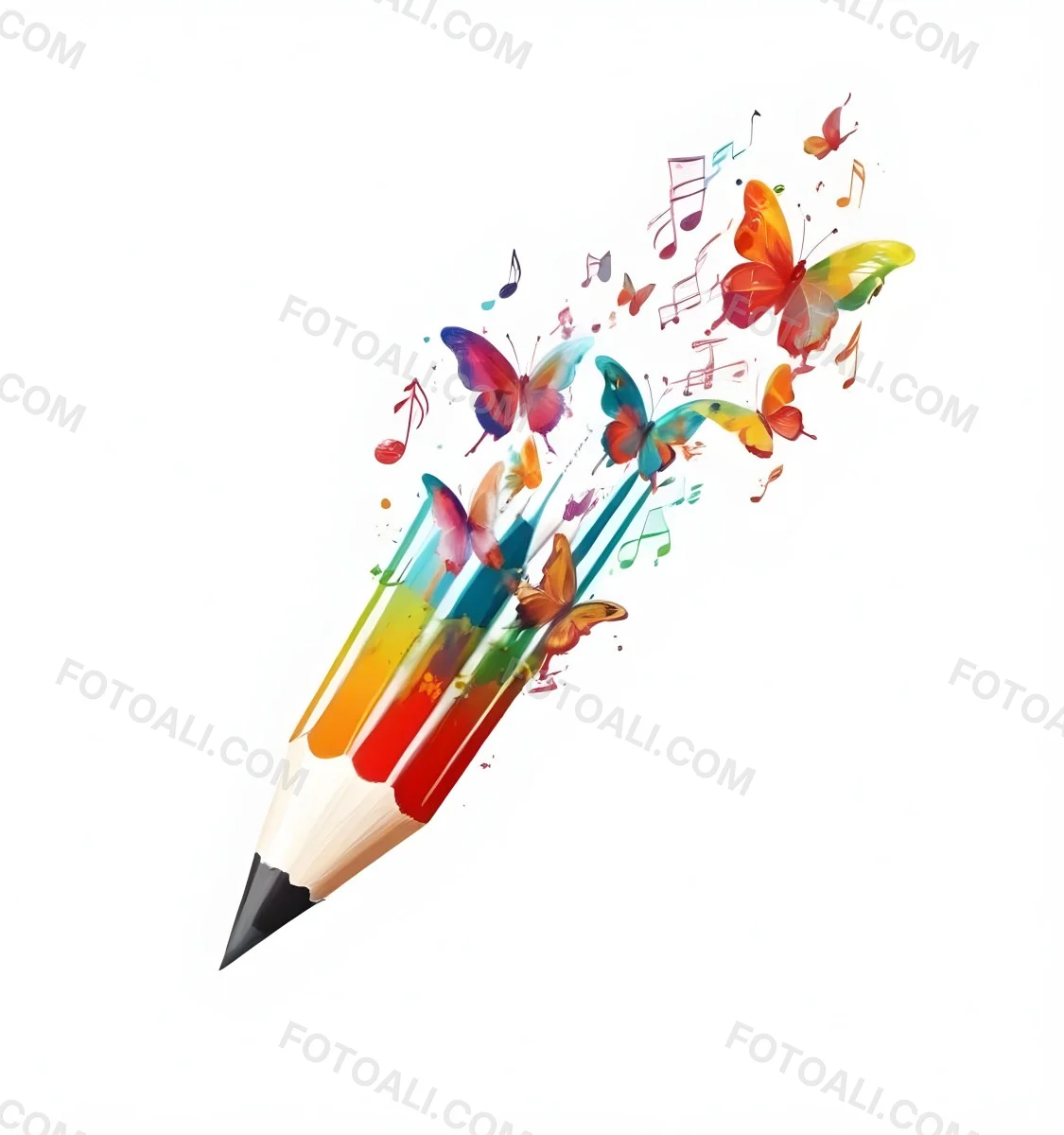 Digital Painting A Colorful Pencil With A Gradient Of Red Yellow And Green Emitting Butterflies In Various Colors And Musical Notes Set Against A White Background Bold And Slim Lines Brush Strokes 22 B962