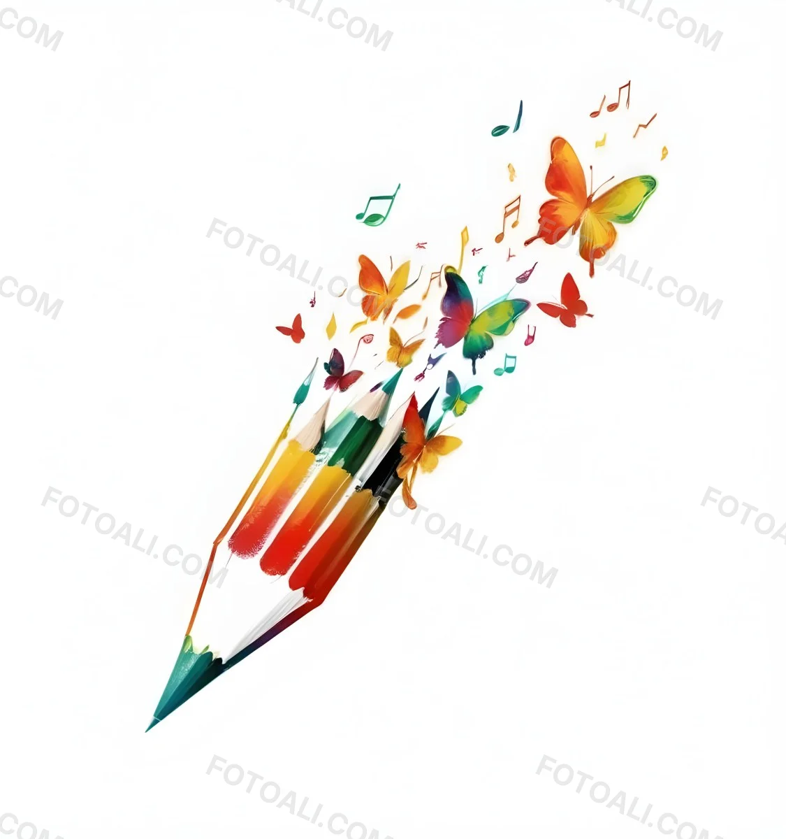 Digital Painting A Colorful Pencil With A Gradient Of Red Yellow And Green Emitting Butterflies In Various Colors And Musical Notes Set Against A White Background Bold And Slim Lines Brush Strokes 23 35f0