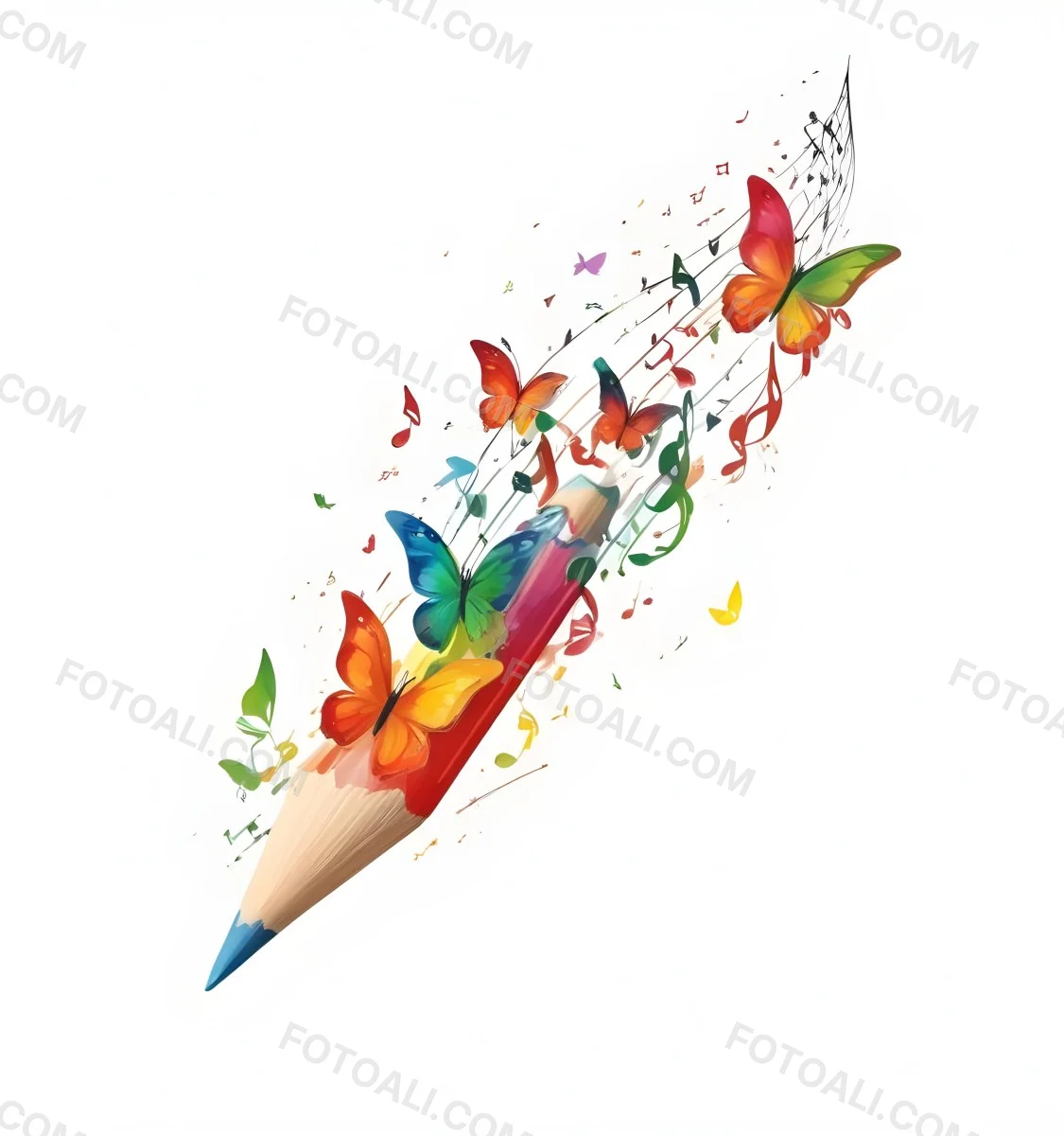 Digital Painting A Colorful Pencil With A Gradient Of Red Yellow And Green Emitting Butterflies In Various Colors And Musical Notes Set Against A White Background Bold And Slim Lines Brush Strokes 3 3185