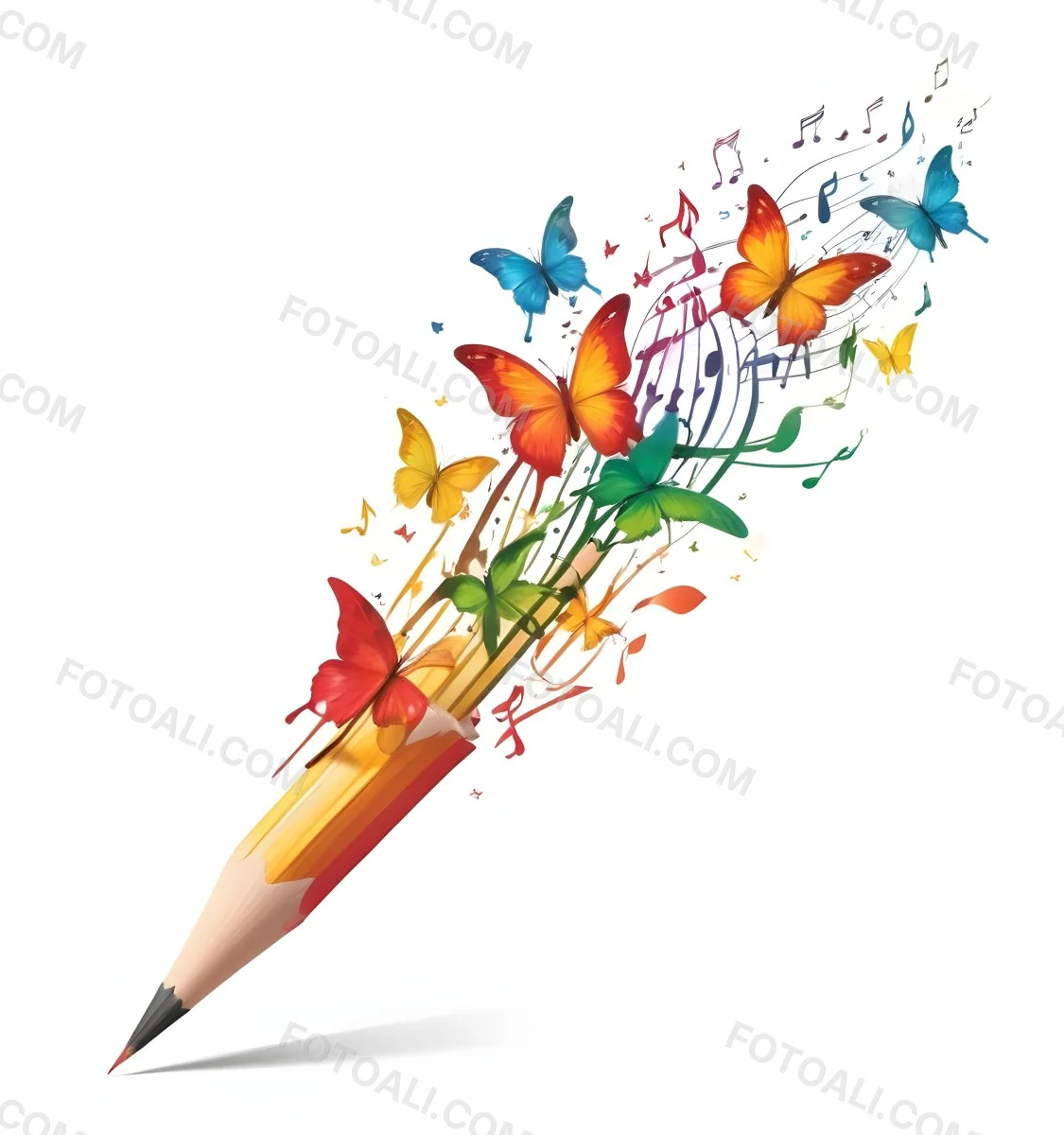 Digital Painting A Colorful Pencil With A Gradient Of Red Yellow And Green Emitting Butterflies In Various Colors And Musical Notes Set Against A White Background Bold And Slim Lines Brush Strokes 4 D17b