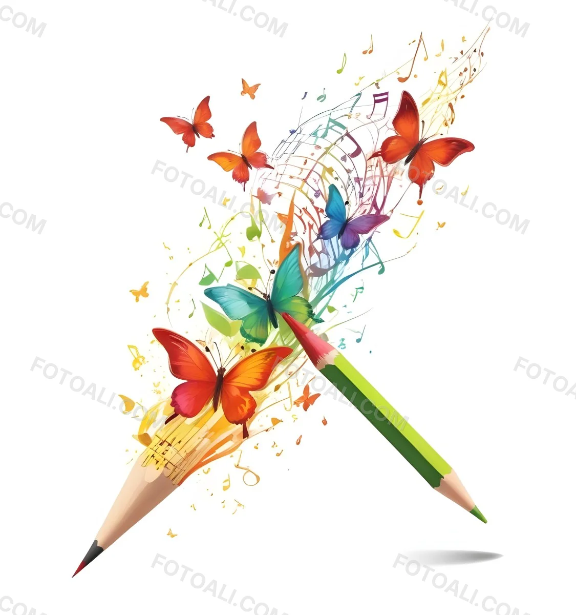 Digital Painting A Colorful Pencil With A Gradient Of Red Yellow And Green Emitting Butterflies In Various Colors And Musical Notes Set Against A White Background Bold And Slim Lines Brush Strokes 6 18e9