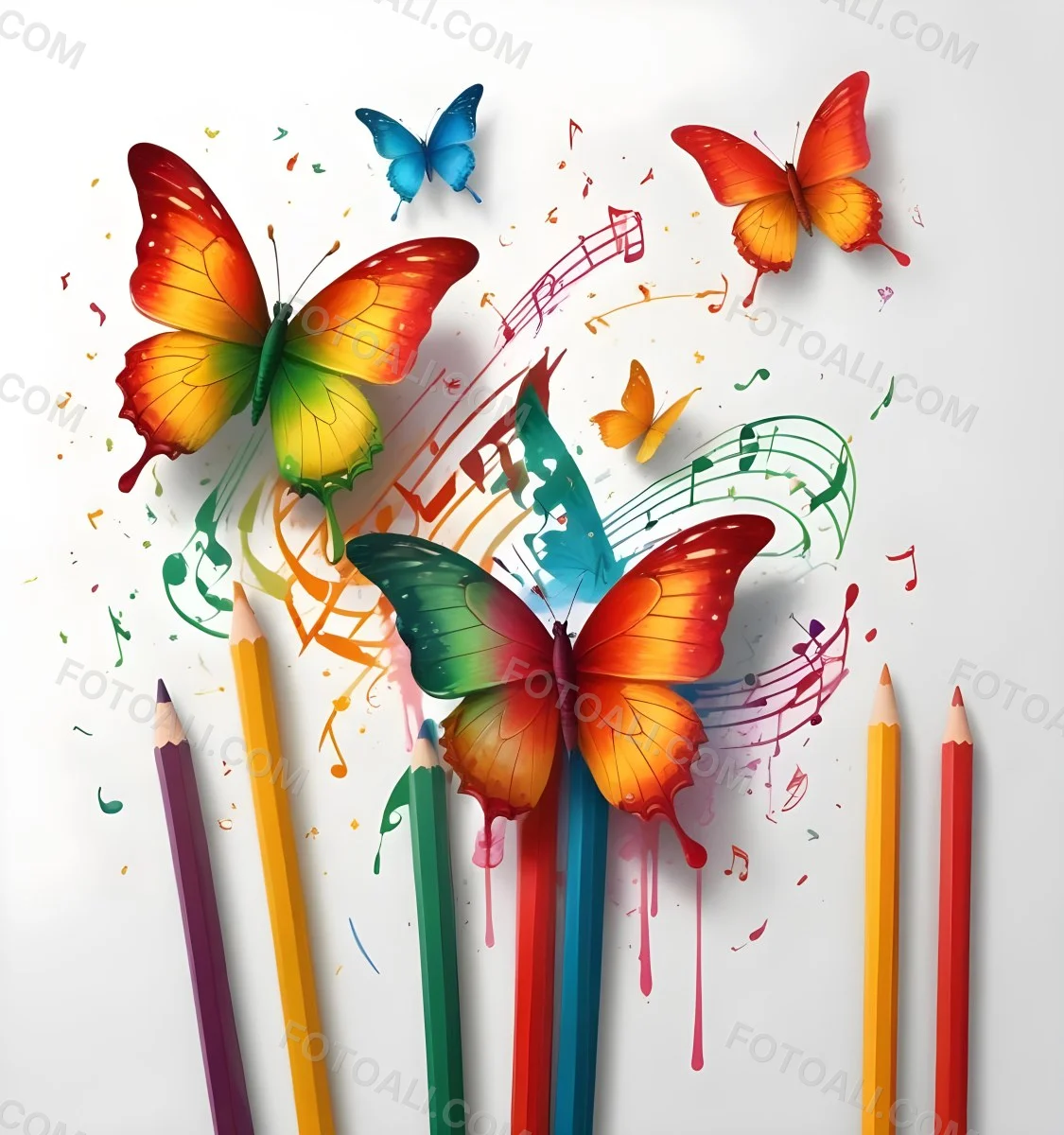 Digital Painting A Colorful Pencil With A Gradient Of Red Yellow And Green Emitting Butterflies In Various Colors And Musical Notes Set Against A White Background Bold And Slim Lines Brush Strokes 8 3fe3
