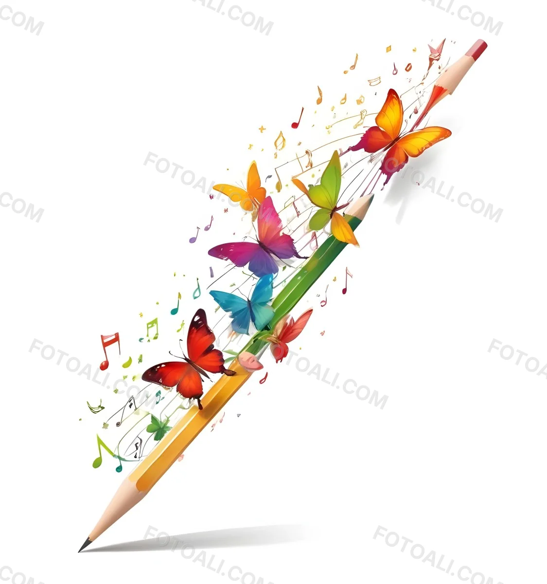 Digital Painting A Colorful Pencil With A Gradient Of Red Yellow And Green Emitting Butterflies In Various Colors And Musical Notes Set Against A White Background Bold And Slim Lines Brush Strokes 9 55f7