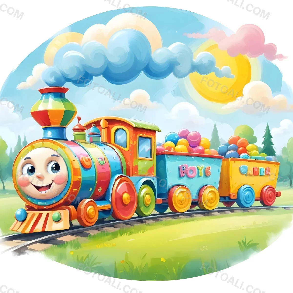 Digital Painting A Colorful Toy Train With A Smiling Face Carrying Candy In Its Wagons On A Green Field With Trees And Clouds In The Background Bold And Slim Lines Brush Strokes 17 6fd6
