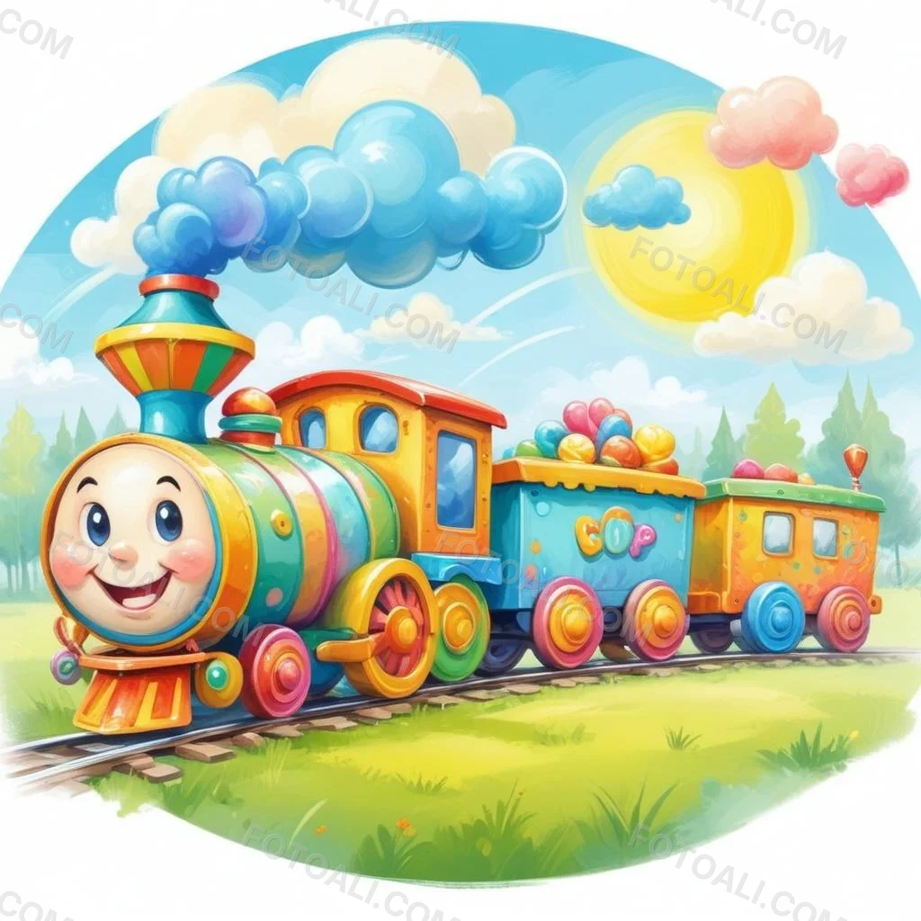 Digital Painting A Colorful Toy Train With A Smiling Face Carrying Candy In Its Wagons On A Green Field With Trees And Clouds In The Background Bold And Slim Lines Brush Strokes 3 A5bb