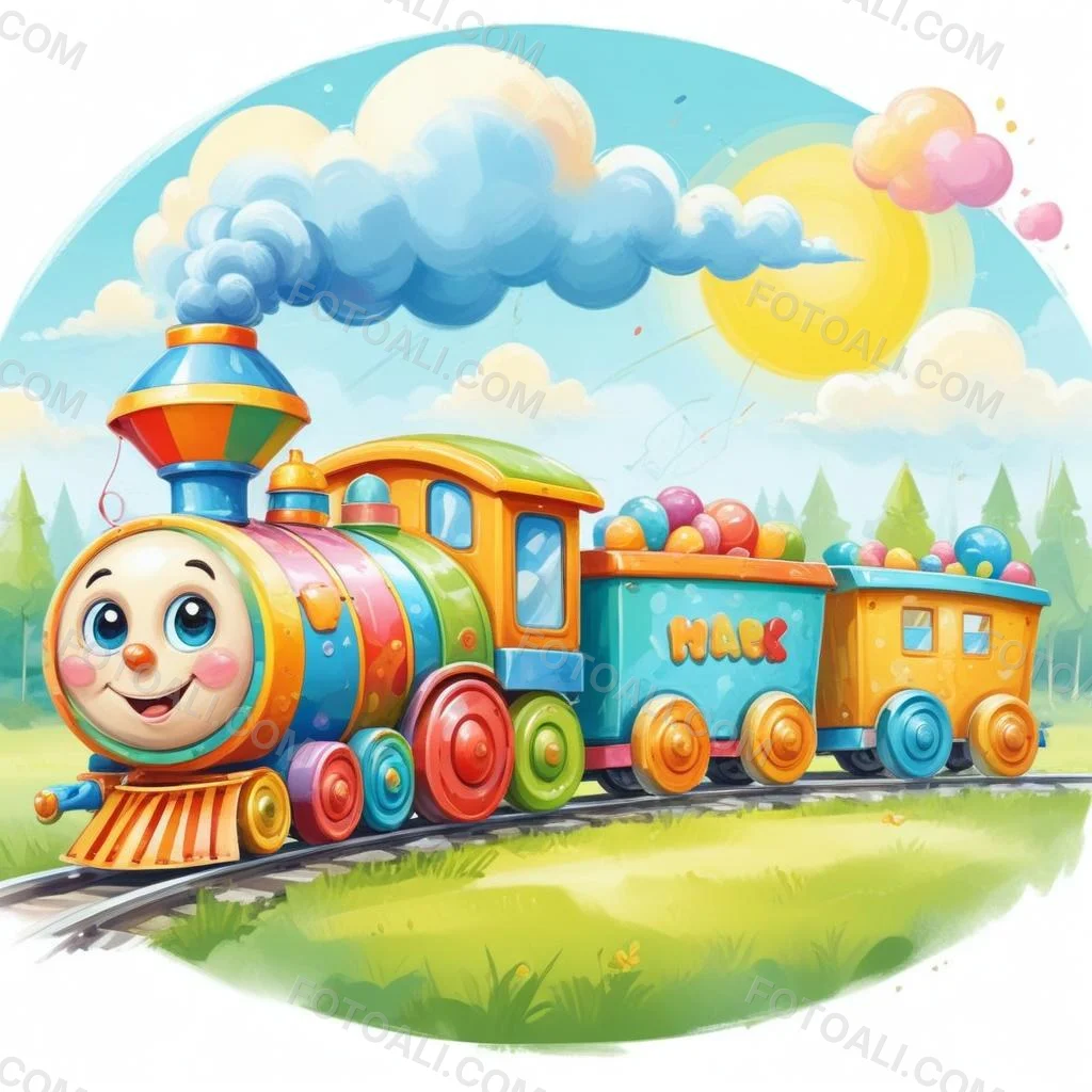 Digital Painting A Colorful Toy Train With A Smiling Face Carrying Candy In Its Wagons On A Green Field With Trees And Clouds In The Background Bold And Slim Lines Brush Strokes 35 Ff2e