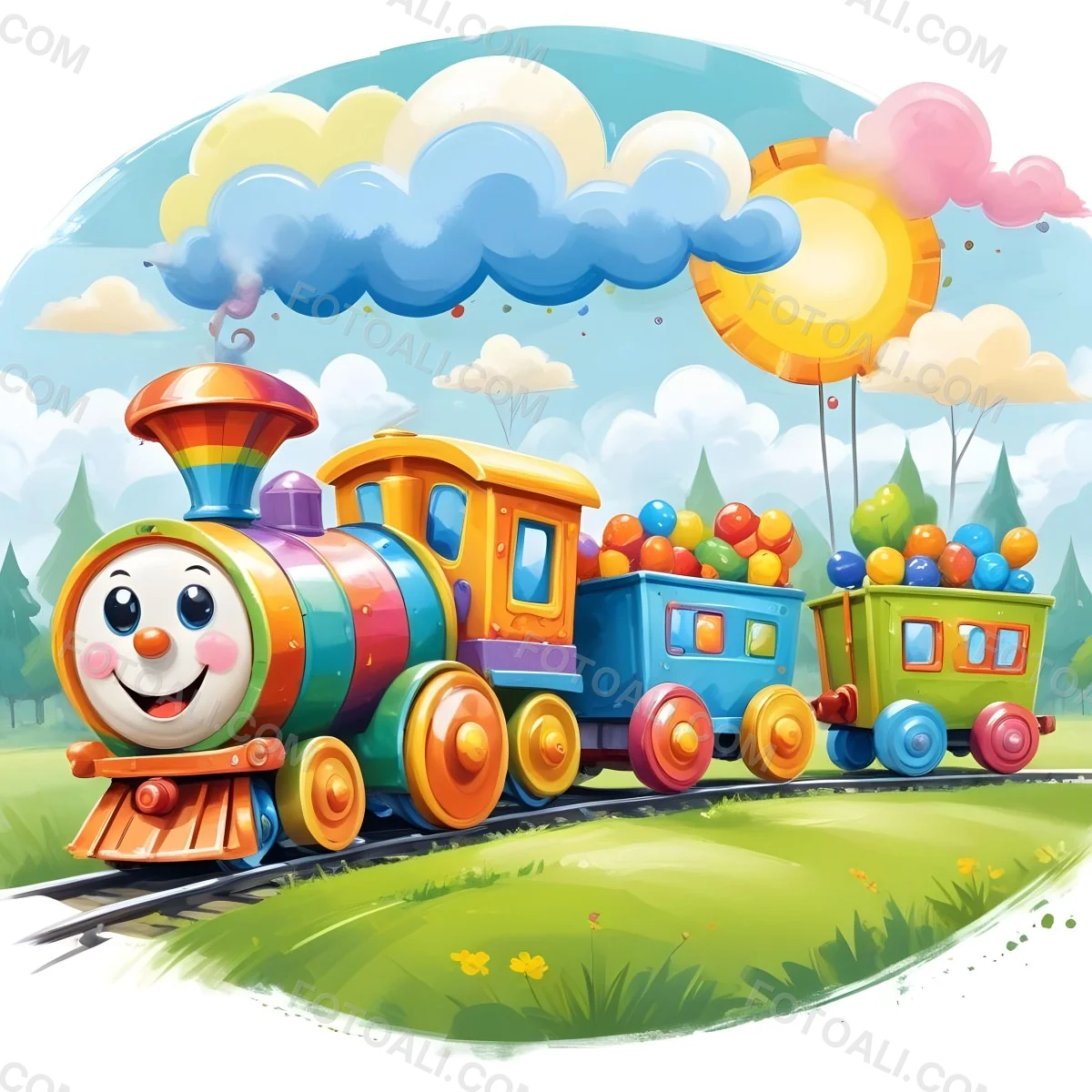 Digital Painting A Colorful Toy Train With A Smiling Face Carrying Candy In Its Wagons On A Green Field With Trees And Clouds In The Background Bold And Slim Lines Brush Strokes 39 3fab