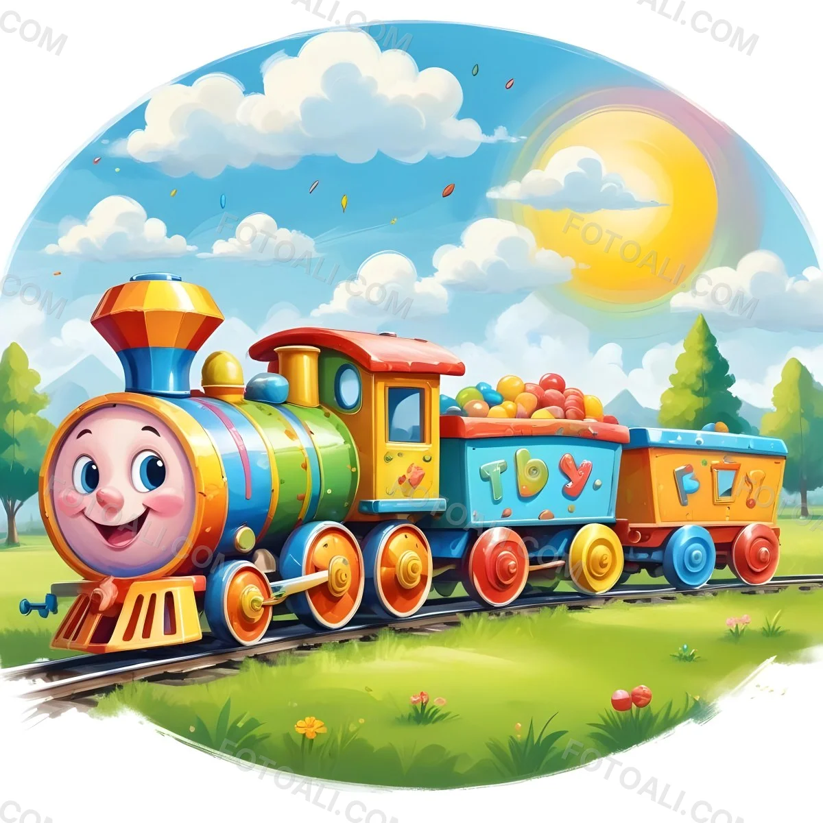 Digital Painting A Colorful Toy Train With A Smiling Face Carrying Candy In Its Wagons On A Green Field With Trees And Clouds In The Background Bold And Slim Lines Brush Strokes 40 4b84