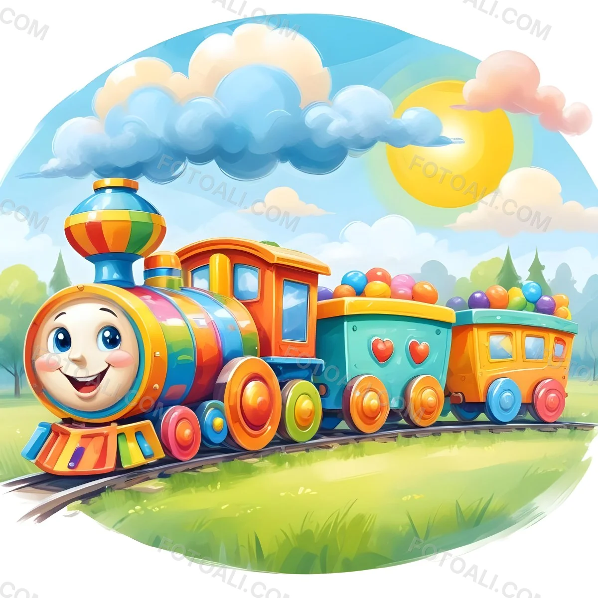 Digital Painting A Colorful Toy Train With A Smiling Face Carrying Candy In Its Wagons On A Green Field With Trees And Clouds In The Background Bold And Slim Lines Brush Strokes 42 0667