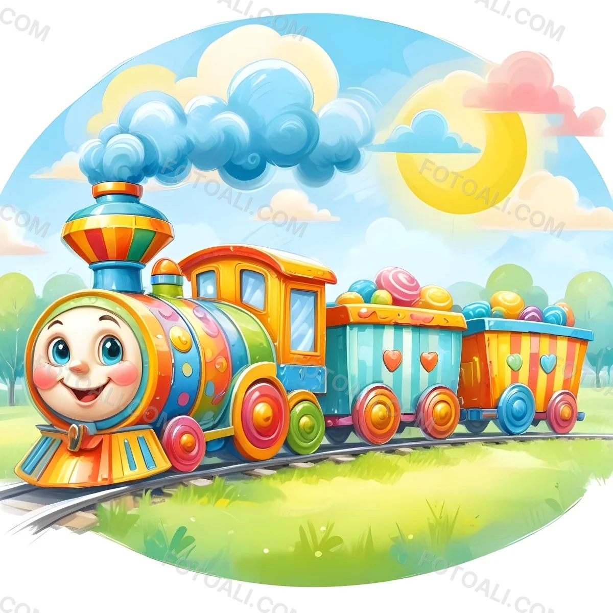 Digital Painting A Colorful Toy Train With A Smiling Face Carrying Candy In Its Wagons On A Green Field With Trees And Clouds In The Background Bold And Slim Lines Brush Strokes 44 9ec5
