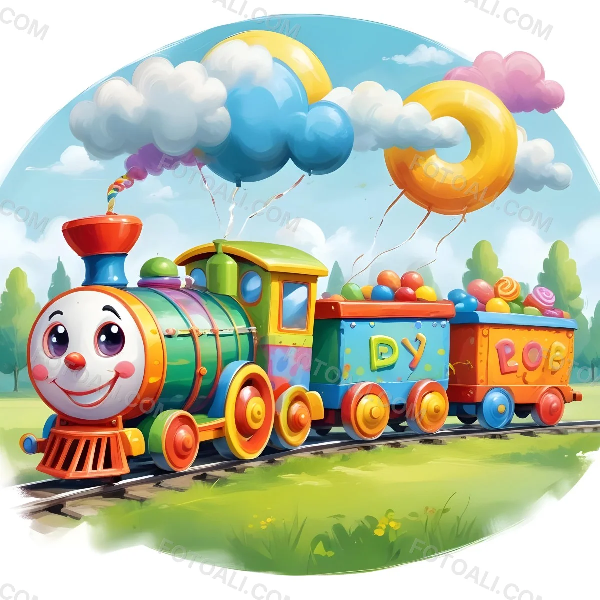 Digital Painting A Colorful Toy Train With A Smiling Face Carrying Candy In Its Wagons On A Green Field With Trees And Clouds In The Background Bold And Slim Lines Brush Strokes 52 056b