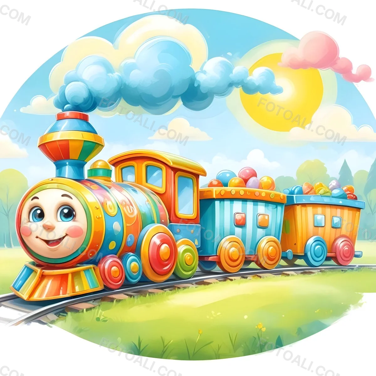 Digital Painting A Colorful Toy Train With A Smiling Face Carrying Candy In Its Wagons On A Green Field With Trees And Clouds In The Background Bold And Slim Lines Brush Strokes 58 180d