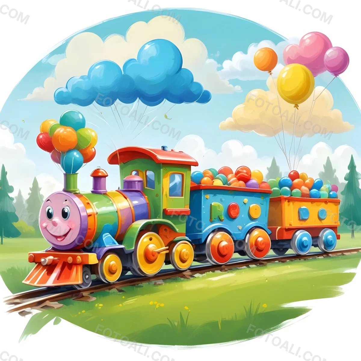 Digital Painting A Colorful Toy Train With A Smiling Face Carrying Candy In Its Wagons On A Green Field With Trees And Clouds In The Background Bold And Slim Lines Brush Strokes 6 2ec3