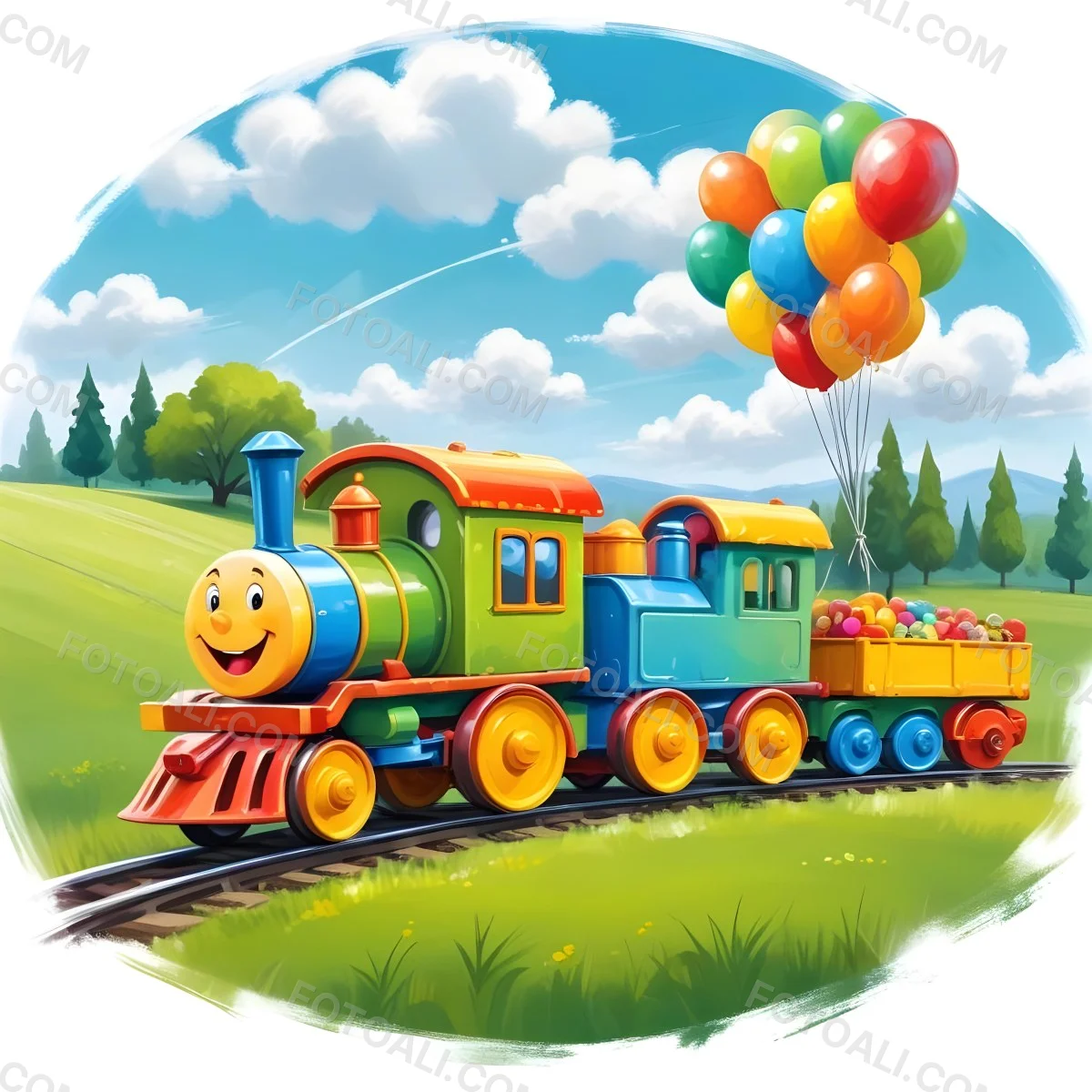 Digital Painting A Colorful Toy Train With A Smiling Face Carrying Candy In Its Wagons On A Green Field With Trees And Clouds In The Background Bold And Slim Lines Brush Strokes 62 4c89