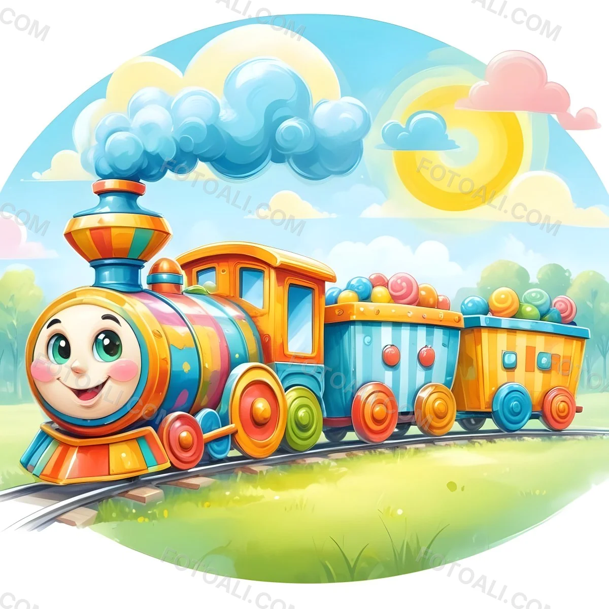 Digital Painting A Colorful Toy Train With A Smiling Face Carrying Candy In Its Wagons On A Green Field With Trees And Clouds In The Background Bold And Slim Lines Brush Strokes 63 37fb
