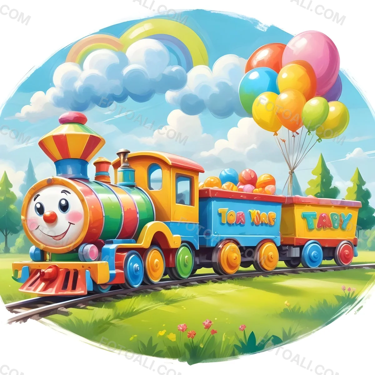 Digital Painting A Colorful Toy Train With A Smiling Face Carrying Candy In Its Wagons On A Green Field With Trees And Clouds In The Background Bold And Slim Lines Brush Strokes 7 730d