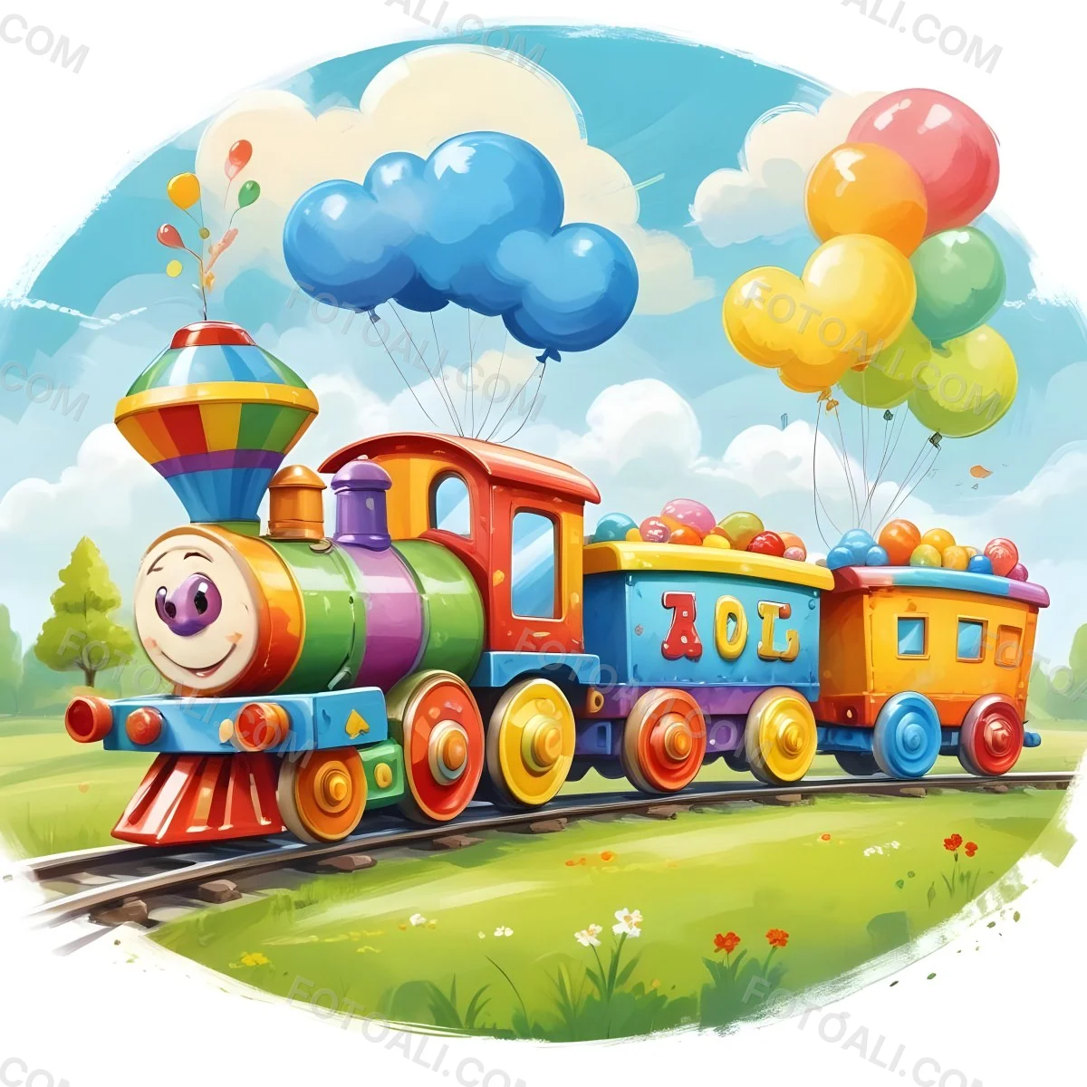 Digital Painting A Colorful Toy Train With A Smiling Face Carrying Candy In Its Wagons On A Green Field With Trees And Clouds In The Background Bold And Slim Lines Brush Strokes 8 Cf8c