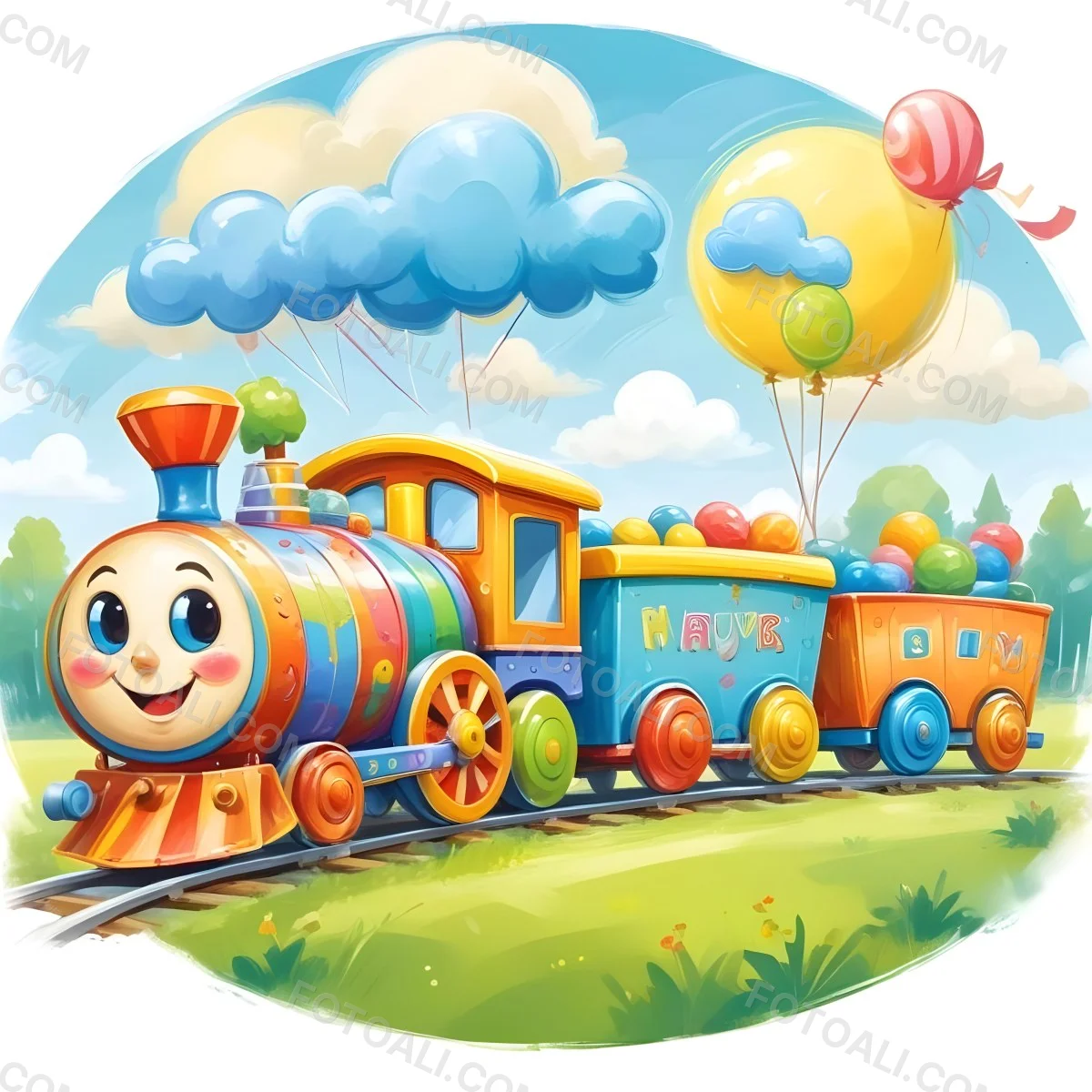 Digital Painting A Colorful Toy Train With A Smiling Face Carrying Candy In Its Wagons On A Green Field With Trees And Clouds In The Background Bold And Slim Lines Brush Strokes 9 3921