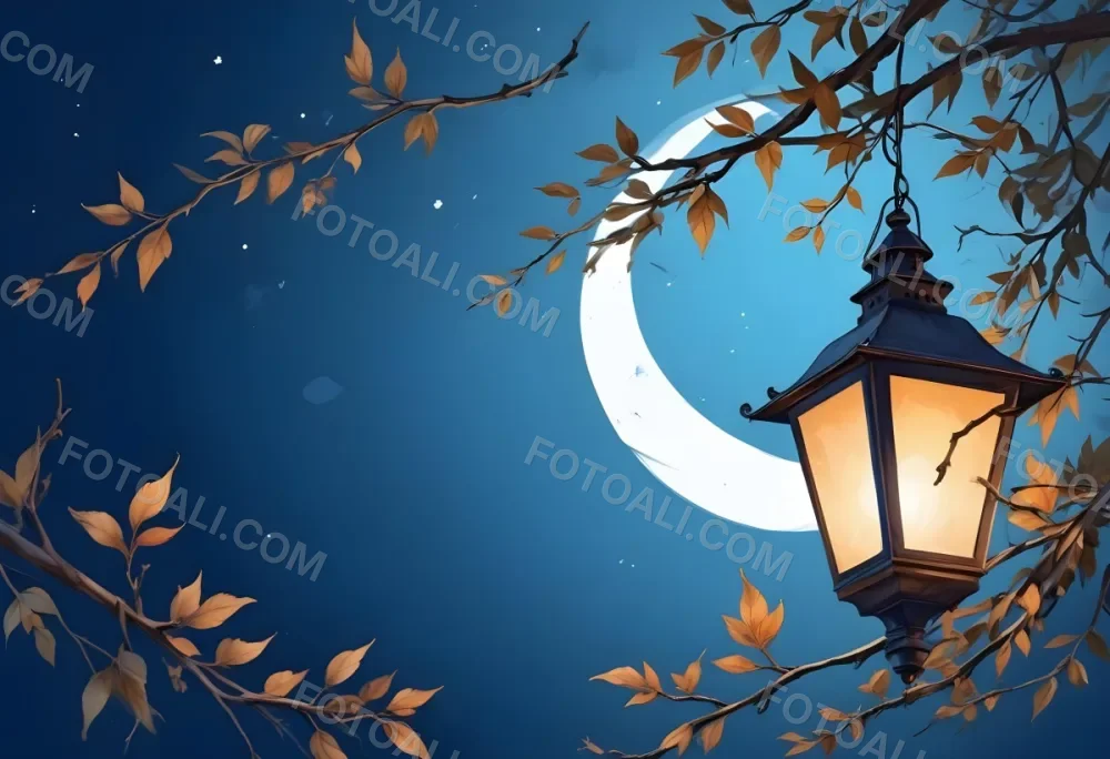 Digital Painting A Crescent Moon In A Blue Sky With Some Branches And Leaves And A Lantern On The Right Side Of The Image Bold And Slim Lines Brush Strokes 13 A2ef