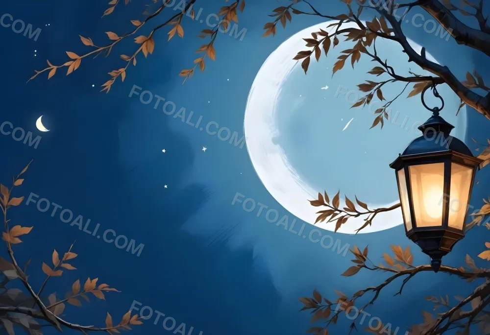 Digital Painting A Crescent Moon In A Blue Sky With Some Branches And Leaves And A Lantern On The Right Side Of The Image Bold And Slim Lines Brush Strokes 14 C8b0