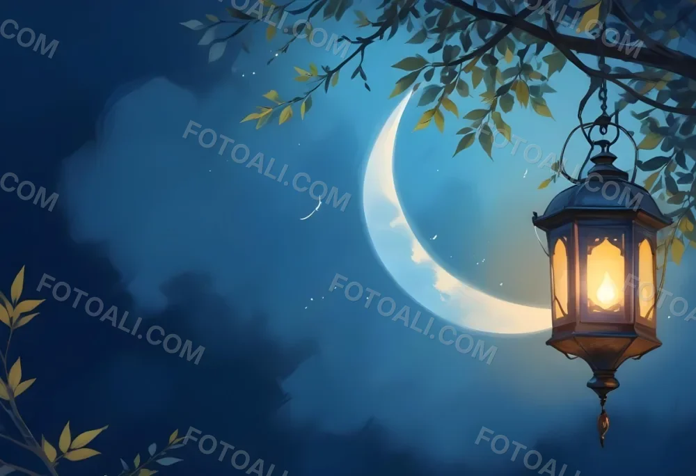 Digital Painting A Crescent Moon In A Blue Sky With Some Branches And Leaves And A Lantern On The Right Side Of The Image Bold And Slim Lines Brush Strokes 15 5bfd