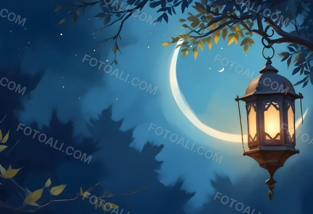 Digital Painting A Crescent Moon In A Blue Sky With Some Branches And Leaves And A Lantern On The Right Side Of The Image Bold And Slim Lines Brush Strokes 21 F2df