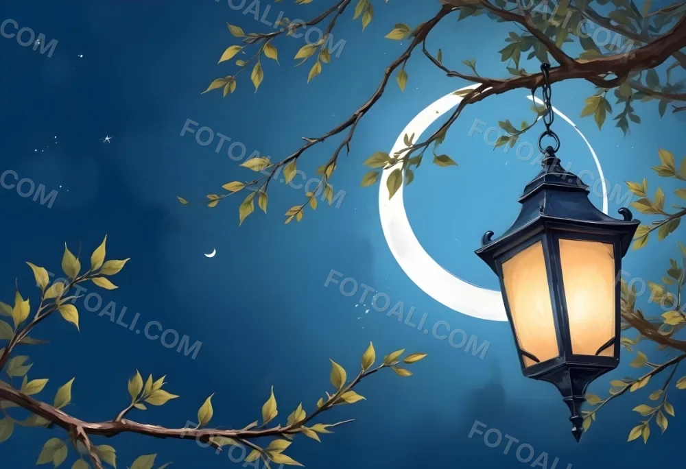 Digital Painting A Crescent Moon In A Blue Sky With Some Branches And Leaves And A Lantern On The Right Side Of The Image Bold And Slim Lines Brush Strokes 22 61ce